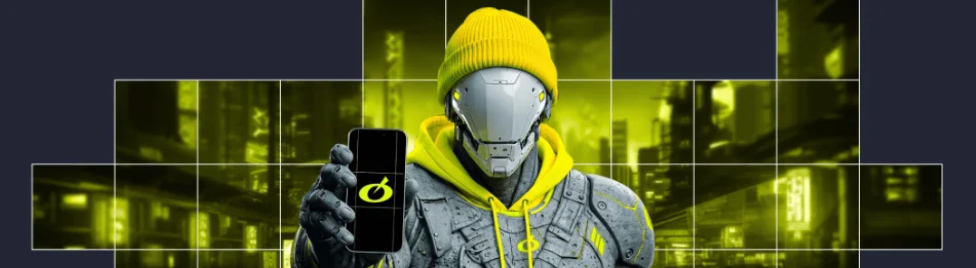 BETON mobile app banner: a character in a yellow beanie holding a smartphone